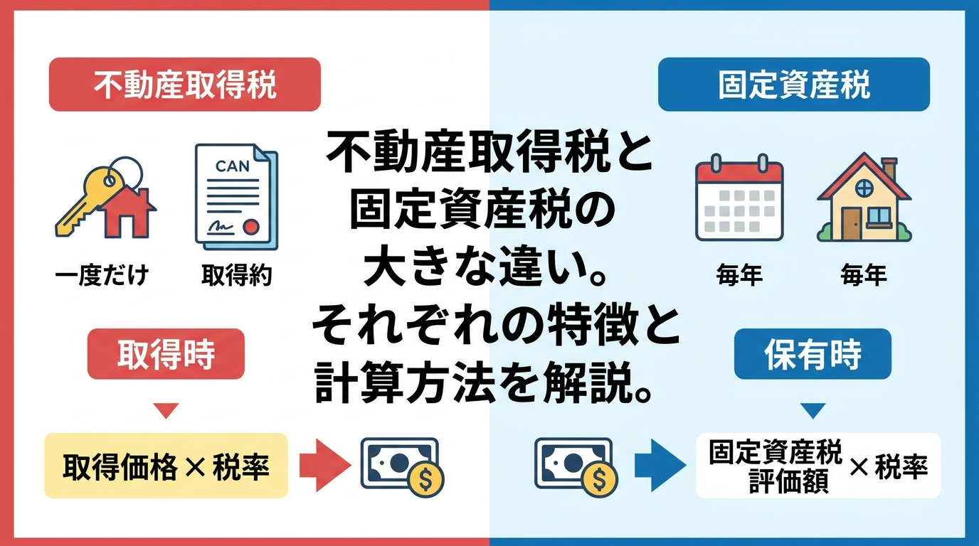不動産取得税と固定資産税の大きな違い。それぞれの特徴と計算方法を解説。